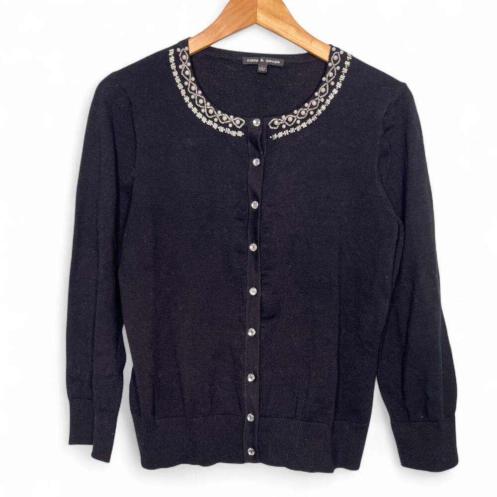 Cable & Gauge Cardigan Sweater Size Large Vintage Style Black Pearl Beaded Retro